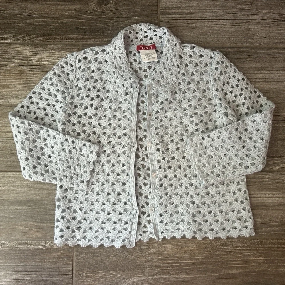 ESPRIT Kids Light‎ Blue Crochet Flower Cardigan Sweater Size M Sweet Grandma